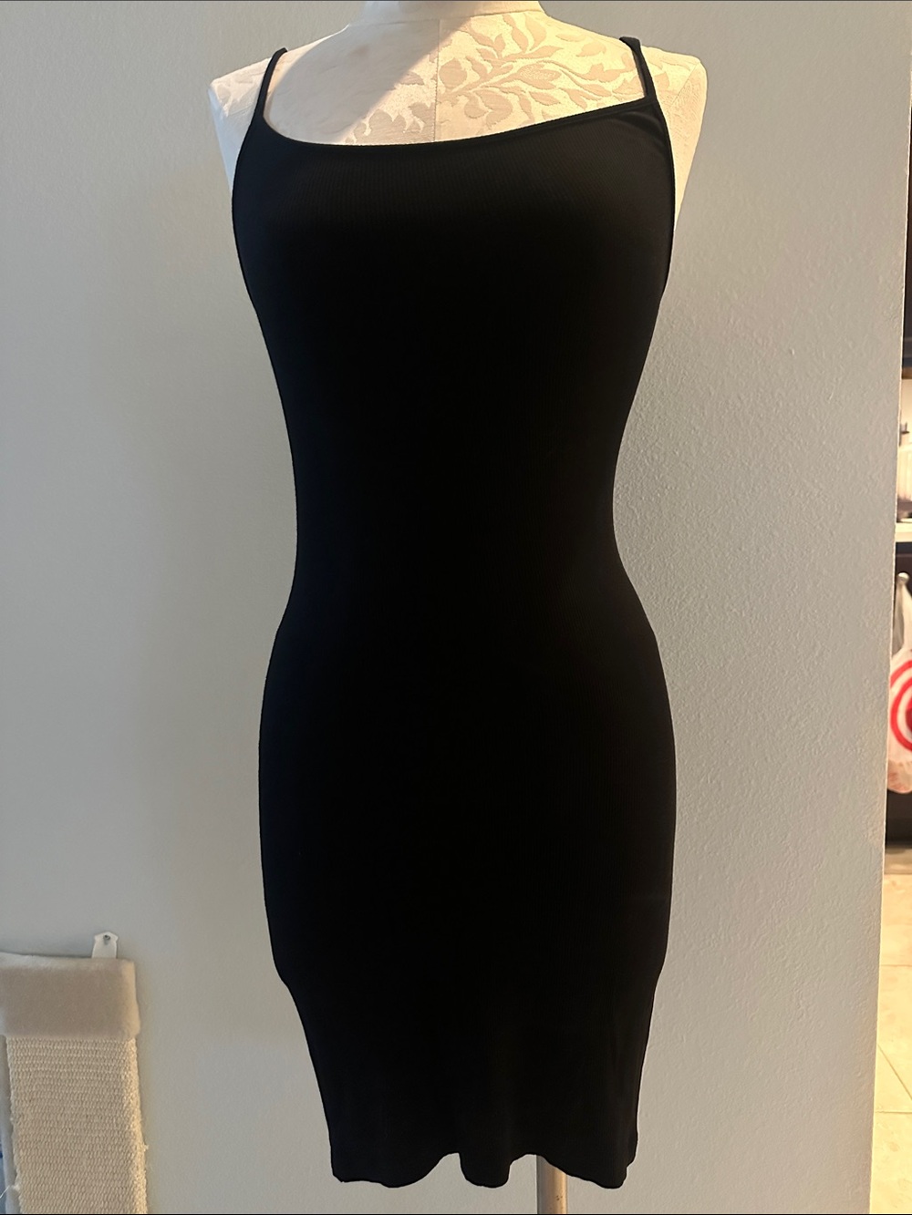 SKIMS Black Ribbed Spaghetti-Strap Mini Dress